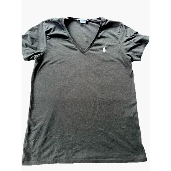 Ralph Lauren Sport Blouse Women's L Black Short Sleeve V-Neck Stretch Shirt - Picture 1 of 6